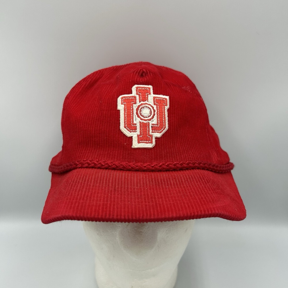 VINTAGE Indiana IU Hoosiers Basketball Hat Corduroy Cap Snapback Rope 80s Cotton